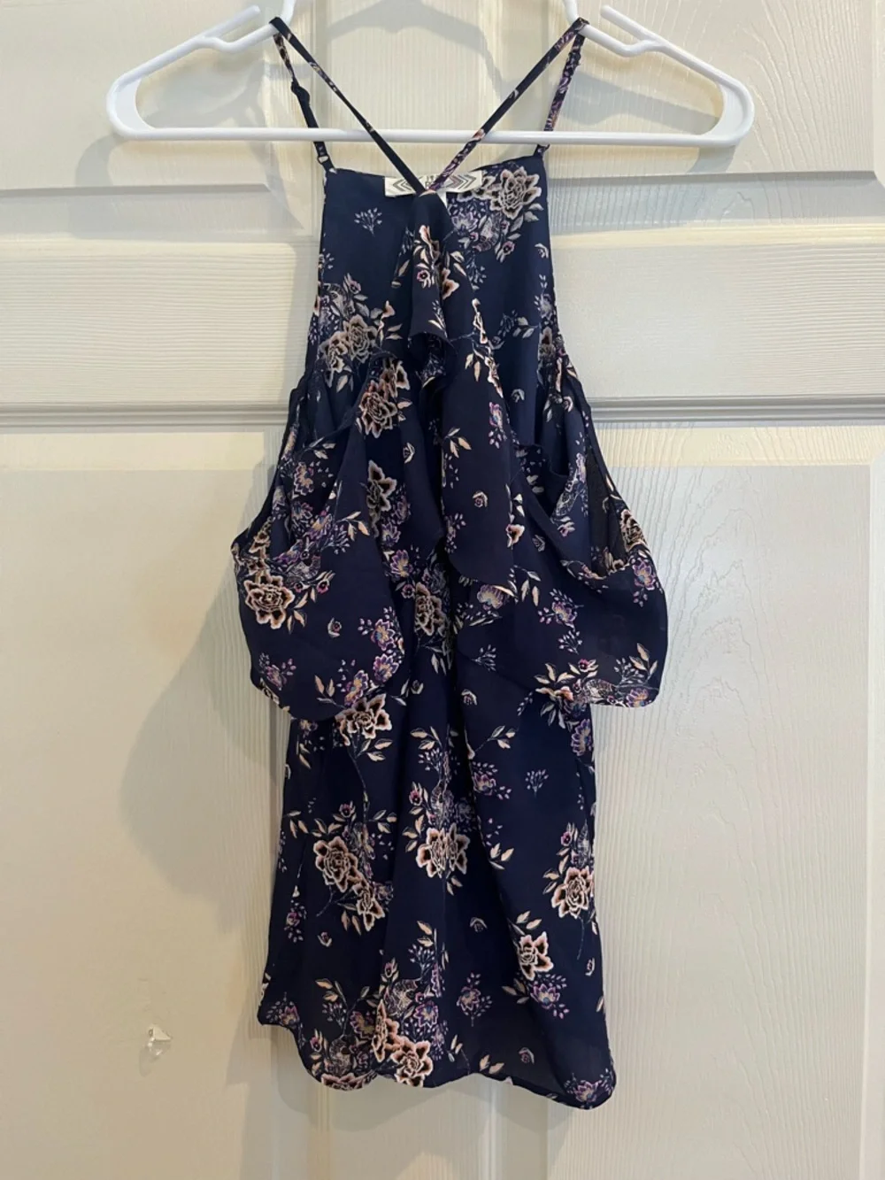 PINK ROSE Navy Floral Ruffle Halter Tank - Picture 2 of 6